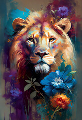 A charming portrait of a lion with a dynamic pose is depicted in this stunning oil painting. The lion animal is set against a backdrop of delicate florals. Generative AI.
