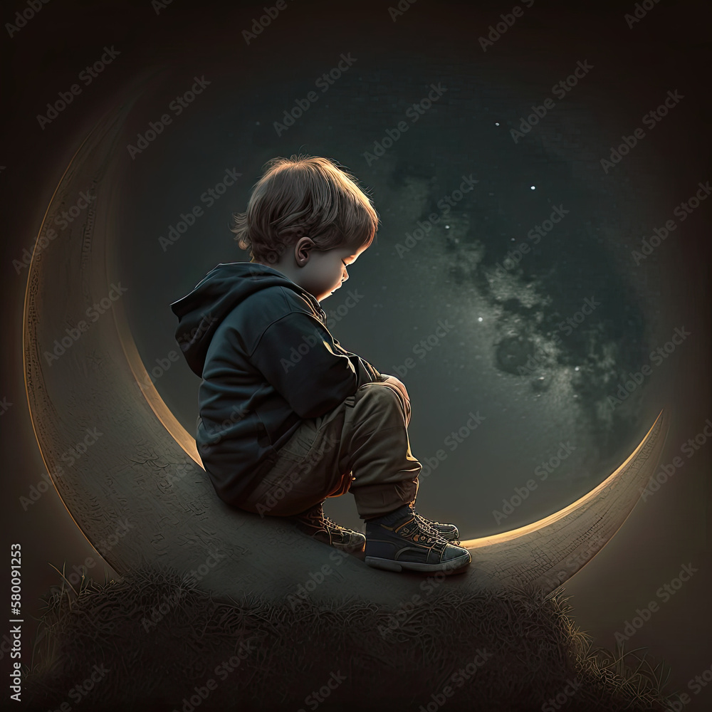 Poster boy sitting over waxing crescent moon created using generative ai