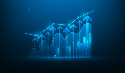 achievement graph arrow growth and development technology. stock market trading investment on blue dark background. vector illustration fantastic hi-tech digital.