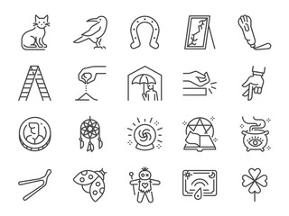Superstitions icon set. It included icons such as crow, cat, ladder, broken mirror, salt, and more.