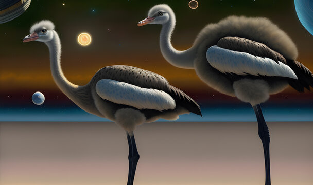 The bird is not an ordinary alien species created with the help of artificial intelligence, Technology of our future in outer space. Generative AI.