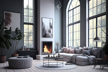 Design interior of living room with modern style, with metal furniture, steel frame, and big window and glass. 3D design with generated AI