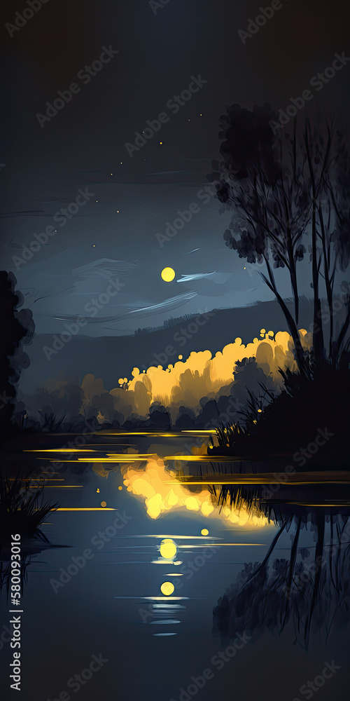 Wall mural minimalistic moon magic: a dark landscape with a water reflection created using generative ai