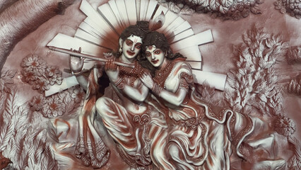 god krishna with radha image in indian temple wall art statue