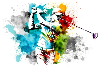Poster golf player with watercolor rainbow splash. Neural network AI generated art © mehaniq41