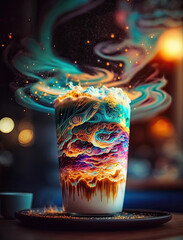 Stunning Neon Watercolor Latte Art with Steam Rising from the Cup Created Using Generative Ai
