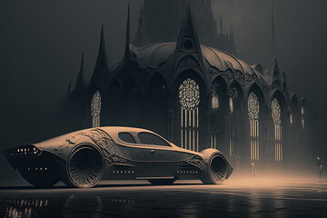 Where Past Meets Future: Gothic Cathedral and Futuristic Car in a Foggy Landscape Created Using Generative Ai