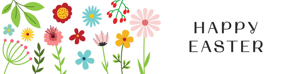 Happy easter. Vector horizontal banner with flowers and the inscription Happy Easter. PNG image