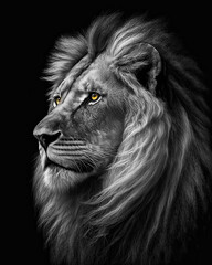 Generated photorealistic  portrait of a lion in black and white format