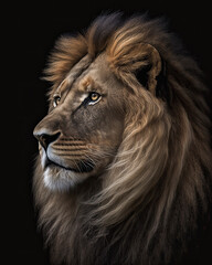 Generated photorealistic portrait of a lion with a thick mane on a black background