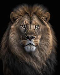 Generated photorealistic frontal portrait of a lion with a thick mane against a black background