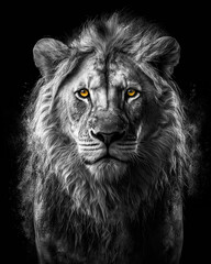Generated photorealistic frontal portrait of a young lion in black and white