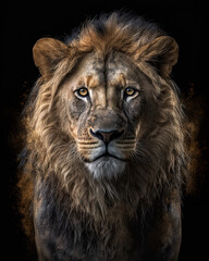 Obraz na płótnie Canvas Generated photorealistic portrait of a young lion with a thick mane against a black background