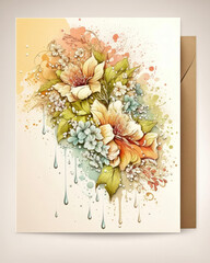Generated photorealistic image of a spring card with flowers in drops