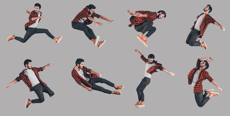 Collage of playful young man jumping against grey background