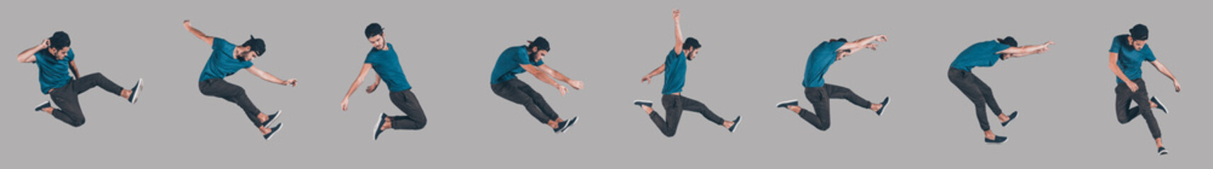Collage of active young man jumping against grey background