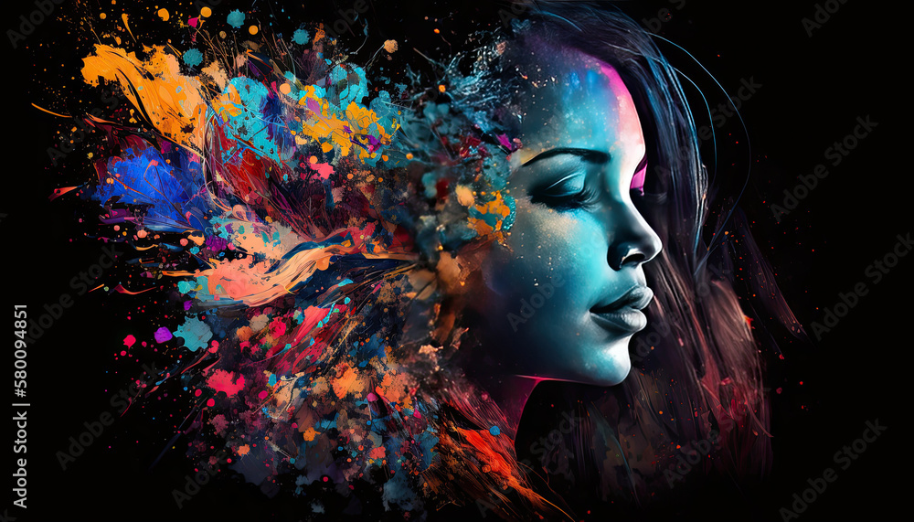 Wall mural abstract portrait of a woman with paint splashes created using generative ai