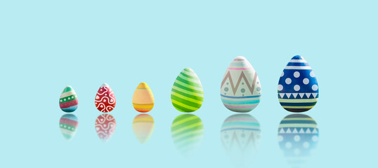 Easter eggs isolated is painted in different patterns on blue background with reflection, happy easter celebration concept, 3D illustration rendering