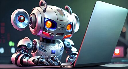 robot works at the computer. Training of robots and artificial intelligence. The robot works with a laptop in the office.Working robot on the Internet.ai Generated 