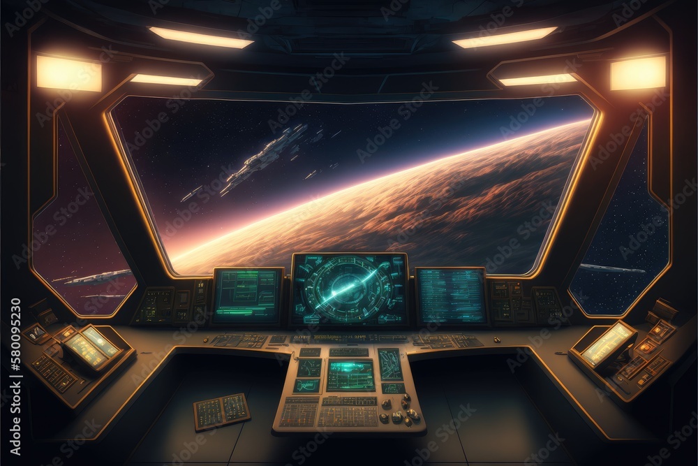 Poster outer view of spaceship window with control system room. abstract discover new planet in space. fine