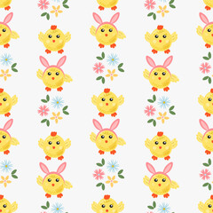 Obraz premium Funny yellow chickens with Bunny Hears in different poses seamless pattern Cartoon Easter chick seamless pattern for design of the cover, product packaging, advertising banner, postcard, printing