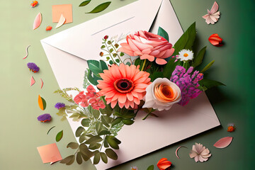 Bunch of flowers and envelope how to celebrate womens day. Generative Ai