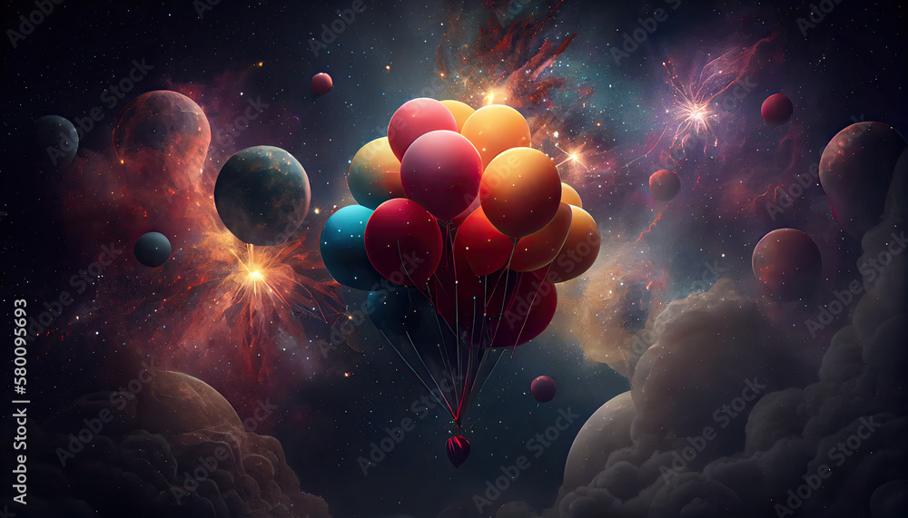 Poster balloons among the stars, an unforgettable firework show in space created using generative ai