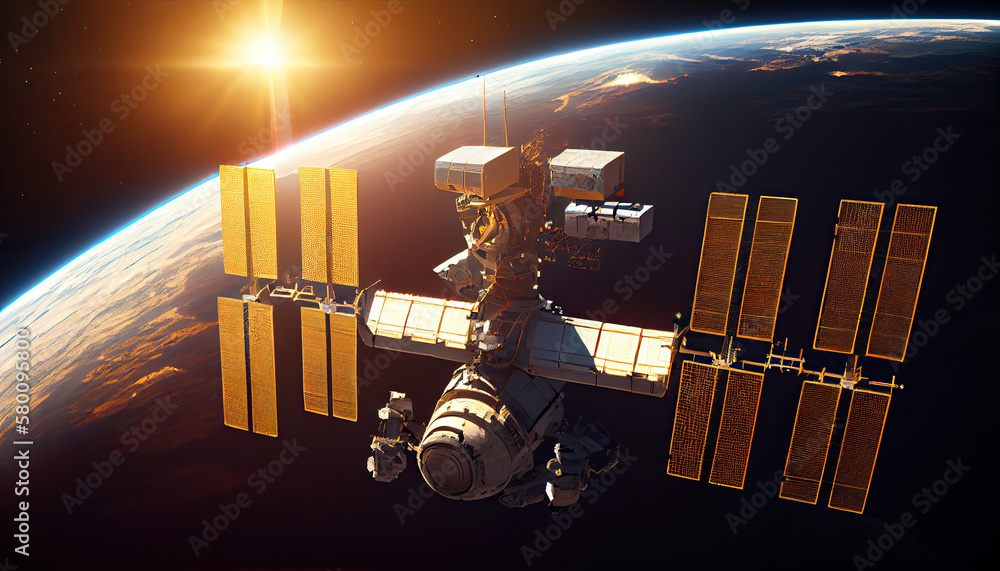 Sticker space station with breathtaking earth backdrop created using generative ai
