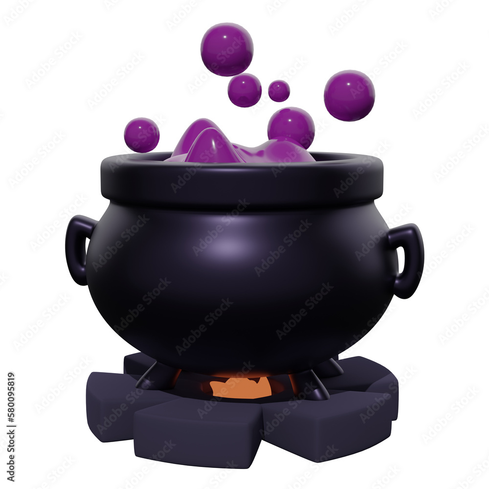 Poster cauldron with lilac potion and bubbles boils on fire isolated on white background. 3d rendering