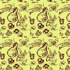 Vector seamless pattern with farm products, vector food illustration of meat and spice set, cooking meat.Sketch style.