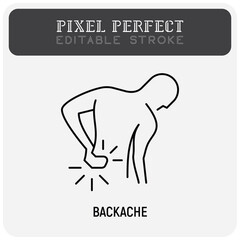 Backache thin line icon. Man touching his back. Osteoporosis, arthritis symptom.  Pixel perfect, editable stroke. Vector illustration.