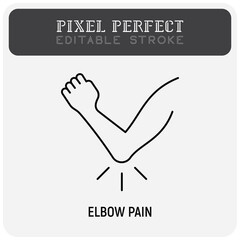Elbow pain, arthritis symptom thin line icon. Joint inflammation. Pixel perfect, editable stroke. Vector illustration.