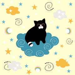 Cute black cat sits on a cloud, children's illustration on a yellow background with stars and clouds, for textile, print, children's products, freehand vector drawing.