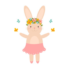 Cute girl bunny with flowers in a skirt on a white background. Dancing girl bunny