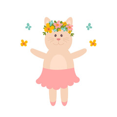 Cute kitty girl with flowers in a skirt on a white background. Dancing girl cat