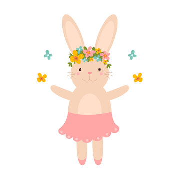 Cute girl bunny with flowers in a skirt on a white background. Dancing girl bunny