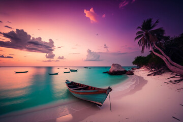 Boat on the shore of the lake, the sky is painted pink, purple, water is cyan color