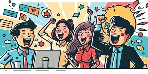 Young happy Asian business man, woman work together, celebrate success in start up office. Creative team meeting, businesspeople colleague partnership, office coworker teamwork concept. Generative AI