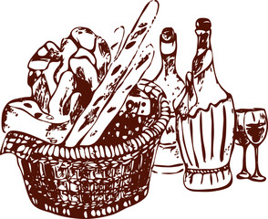 Vector sketch contur illustration of bakery basket with different kind of bread and chees. Vintage vector graphics of fresh bread and bottles of wine