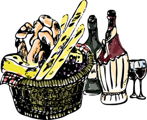 Vector sketch illustration of bakery basket with different kind of bread and chees. Vintage vector graphics of fresh bread and bottles of wine