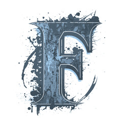 Letter F, Vintage Logo Icon in 3D, Paint and Brush Texture,Dirty Splat and Spray Texture,Metallic Drip in Modern Blue Texture