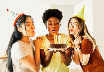 birthday celebration party cake happy candle blowing friendship fun friend woman home smiling...