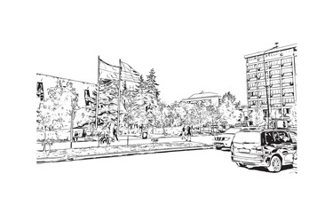 Obraz premium Building view with landmark of Pristina is the capital and largest city in Kosovo.. Hand draw sketch illustration in vector.