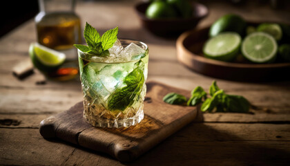 Tropical Mojito Cocktail on Rustic Wooden Table with Mint and Lime Garnish (created with Generative AI)