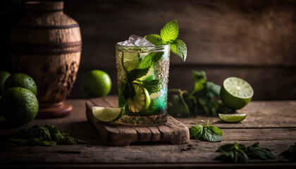 Refreshing Mojito Cocktail with Mint and Lime on Rustic Wooden Table (created with Generative AI)
