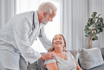 Healthcare, support and doctor with patient in home doing checkup, consultation and health exam. Medical care, trust and healthcare worker with woman on sofa smiling for care, compassion and empathy