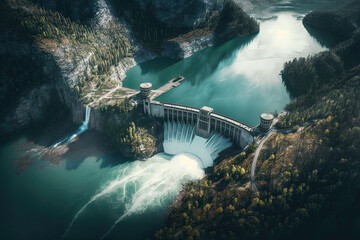 Hydroelectric dam aerial view. Generative AI - obrazy, fototapety, plakaty