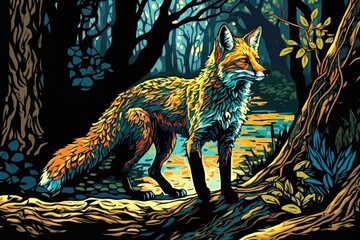 Lone fox standing in a dark forest