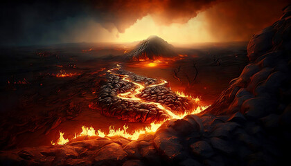 Lava filed in front of volcano eruption. Lava flow down the slopes. Smoke rises in night sky. Generative AI