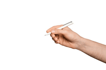Male hand with a white pen for writing, isolate.